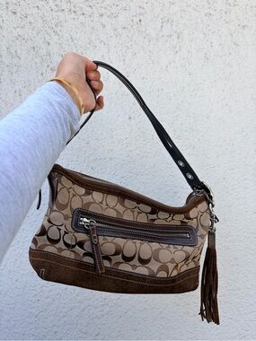 Coach Tan and Brown Signature Canvas Shoulder Bag with Tassel